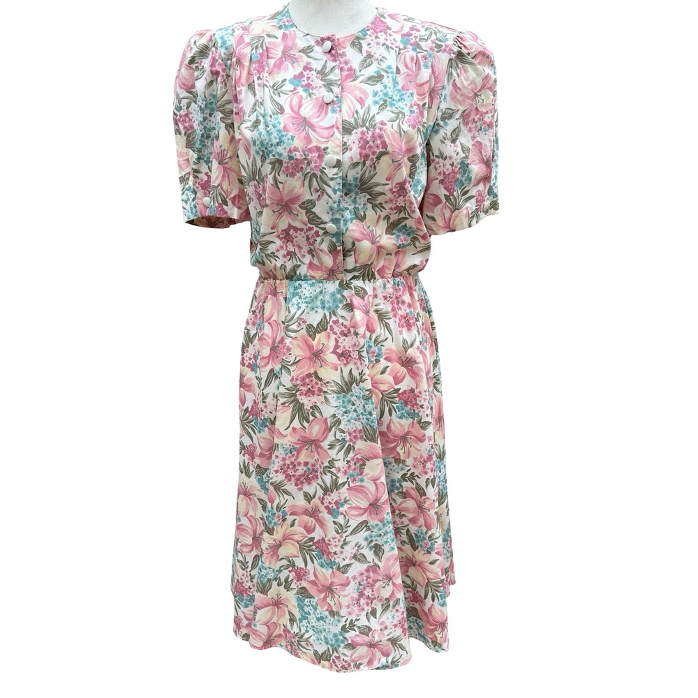 California Looks Vintage 80s Floral Midi Dress Pink Blue Cotton Petite 6P USA‎